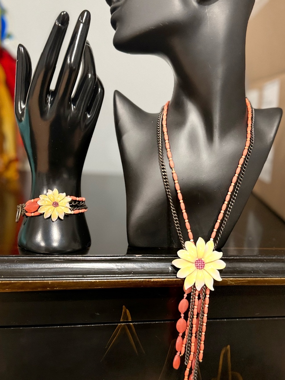 Yellow Flower Pendant Necklace and Bracelet Set with Coral Bead Accents